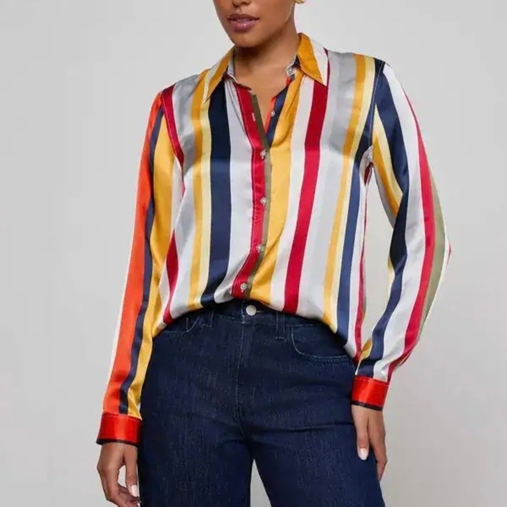 New L'agence Bright Multi Stripe Tyler Silk Button Down Blouse Large